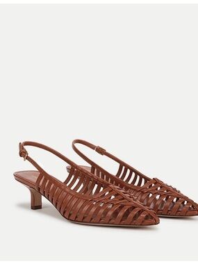 New Veronica Beard Britte Brown Woven Leather Slingback Kitten Heels Shoes